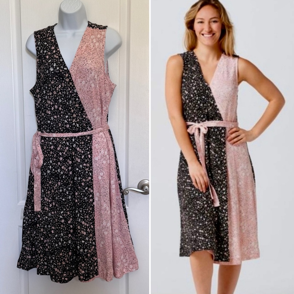 ISAAC MIZRAHI DITSY FLORAL CONTRAST KNIT FAUX WRAP DRESS. BELTED. SIZE LARGE P.